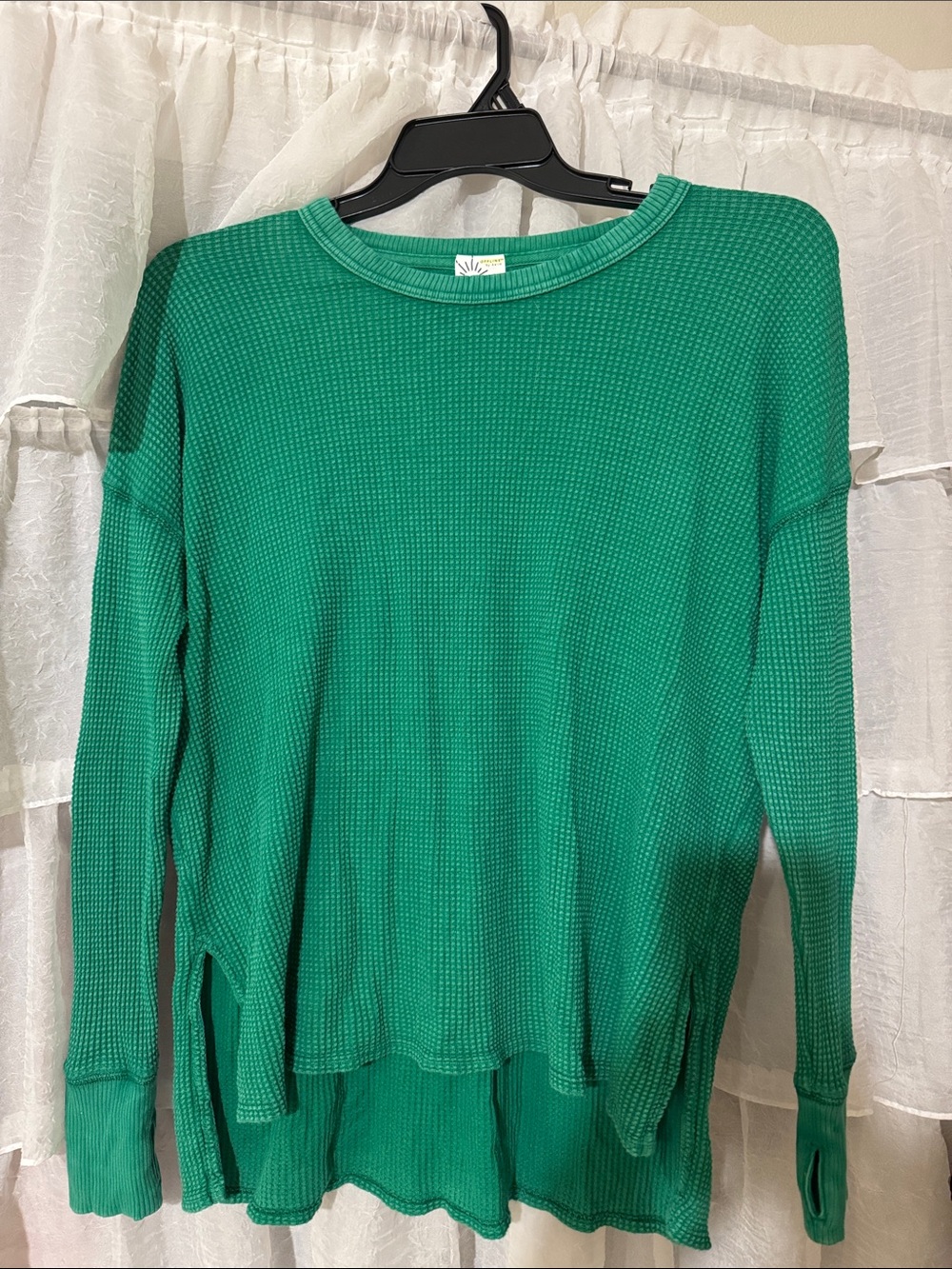 Waffle-Knit Long Sleeve Top in Emerald Green
